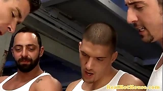 Butch muscular hunks zip by orgy