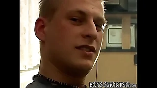 Twink cigar smoker wanks his shaved cock and jizzes solitary